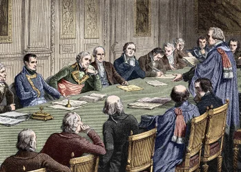Diskussion om civillagen i statsrådet (1800-1804), under ordförandeskapet av den förste konsuln, Napoleon Bonaparte har sin vänstra Jean Jacques Regis de Cambaceres. Gravyr av 1800-talet.