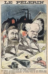 Tvister mellan socialisterna Jean Jaures (1859-1914) (vänster) och Henri Rochefort (1831-1913) (höger). Illustration i "" Le Pelerin"" av den 19 juni 1898.