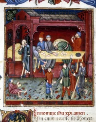 Utdelning av bröd och skor till gamla och fattiga. 1422.