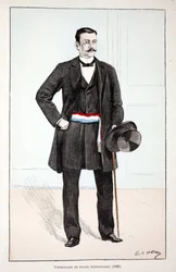 avdelningspolischef (1896). Etsning i färger, för illustration "" History of the Corps of Peacekeepers""" bok publicerad under beskydd av Louis Lepine (1846-1933), prefekt för polisen på Seine, av Alfred Rey (1864-?) och Louis Iron