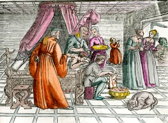 Läkare: "En trepanation". En kirurg opererar sin patients skalle. Gravyr från 1500-talet. Privatsamling