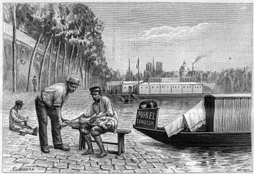 Hundskärning nära bron Solferino i Paris - gravyr i "La nature"" från 1892.
