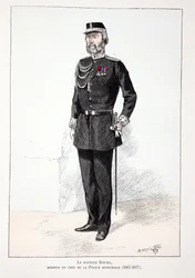 Dr Roudil, överläkare vid kommunpolisen (1867-1877). Etsning i färger, för illustration "History of the Corps of Peacekeepers""" bok utgiven under beskydd av Louis Lepine (1846-1933), prefekt för polisen på Seine, av A