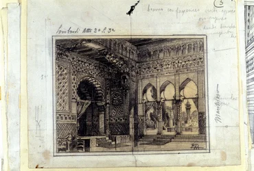 Teckning för scenen av scen 3 i akt II av operan "" I Lombardi"" eller "" The Lombards at the First Crusade""" komponerad av Giuseppe Verdi (1813 - 1901) 1843.