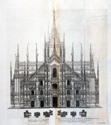 Ritning av fasaden på Duomo i Milano som visar dess enhetlighet med byggnadens kropp. Många arkitektoniska projekt ritades runt 1600-talet för att fullborda fasaden som hade förblivit ofullbordad.