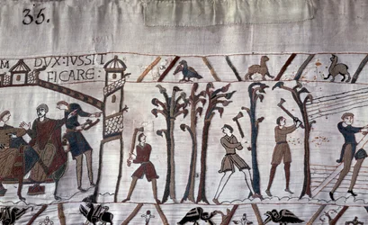 Hertig Guillaume beordrade byggandet av fartyg, träd höggs ner - Bayeux gobeläng, känd som Broderi av drottning Mathilde