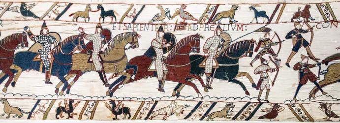 Hertig William uppmuntrar sina trupper att förbereda sig för striden mot den engelska armén, Bayeux Tapestry (ullbroderi på linne)