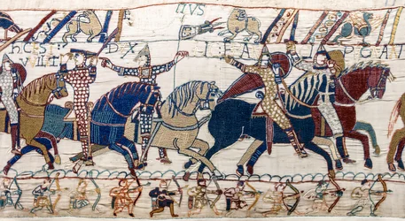 Hertig William visar ansikte mot sin armé, Bayeux Tapestry (ullbroderi på linne)