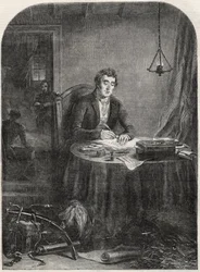 Duke of Wellington (Arthur Wellesley (1769-1852) Duke of Wellington) skriver utskick efter Waterloo, 19 juni 1815 - gravyr 1852