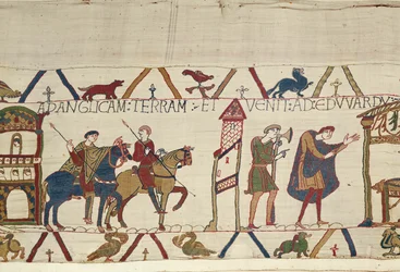 Earl Harold rider från Bosham till London, Bayeux Tapestry (ullbroderi på linne)