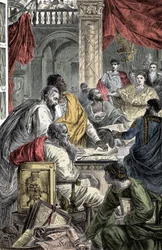 Ekumeniska rådet i Nicea - Representation av det första rådet i Nicea, första ekumeniska rådet, år 325 e.Kr. JC tillkallad av kejsar Konstantin I.