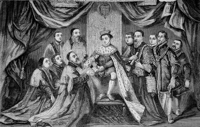 Edward VI (1547 -1553), kung av England, som beviljar ett privilegium genom att underteckna en charter till Bridewell - enligt Hans Holbein.