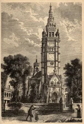 Kyrkan Notre Dame de Croaz Batz i Roscoff - Finistere - Bretagne - gravyr i "" PATRIE" - PECTURESSE BESKRIVNING AV FRANKRIKE I 6 VOLYER AV LUCIEN HUARD - slutet av 1800-talet
