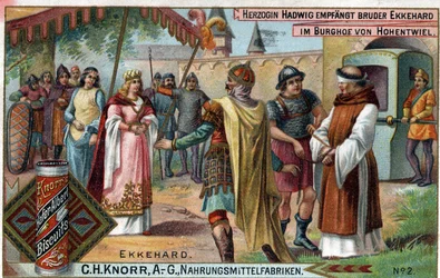 Ekkehard IV av St. Gallen (St. Gallen) eller Eckhard, Eckhart (980 -1057) ärdit och latinsk poet. Hertiginnan Hadwig tar emot broder Ekkehard på borggården till slottet Hohentwiel. Verso: "" Broder Ekkehard, som hertiginnan gav i uppdrag till sitt slott so