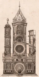 Höjdvy av den astronomiska klockan som ligger i katedralen Our Lady of Strasbourg, Frankrike