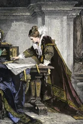 Elisabet I av England undertecknar ordern om avrättning av Maria Stuart