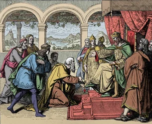 Kejsar Frederic I Barberossa (1122-1190) (Frederik I av Hohenstaufen) på sin andra resa till Italien 1158 passerar floden Adda och möter folket i Lodi som ber honom att få tillbaka sitt territorium (Andra italienska kampanjen, kejsar Frederick Barbarossa c