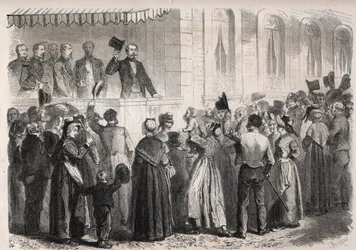 Kejsar Napoleon III (1808-1873) på terrassen till villan Strauss a Vichy, hälsad av folket på landsbygden söndagen den 7 juli 1861 - Gravyr i "" Den illustrerade världen"