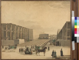 Kejsar Nicholas I besöker byggarbetsplatsen Alexander Column - Anonym. Akvarell på papper, efter 1836. Statens museum för Sankt Petersburgs historia