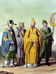 Kejsare av Kina omgiven av mandariner - i” Le costume ancien et moderne”” av J. Ferrario, red. Milano