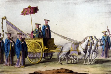 Kejsare av Mingdynastin på sin vagn - i” Le costume ancien et moderne””” av J. Ferrario, red. Milano