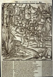 Eneide de Virgil (70 f.Kr.-19 f.Kr.), bok XIII (supplementum), de trojanska hjältarna Enee tar emot latinerna, uppoffringar görs för att hedra krigets offer. Xylografi av Sebastian Brant (1458-1521). Strasbourg