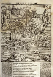 Eneide de Virgil (70 f.Kr.-19 f.Kr.), de trojanska hjältarna Enee och hans följeslagare korsar ett hav fullt av siren. Xylografi av Sebastian Brant (1458-1521). Strasbourg