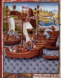 Fiender anländer till Rom för att be om fred från romarna Miniatyr från "" Roman History"" (Ad urbe condita) av Titus Live (59 f.Kr.-17 e.Kr.) (Titus Livius), översatt av Pierre Bressuire (ms. 310) 1450- 1500 - Chantilly, musee Conde - Fienderna kommer til