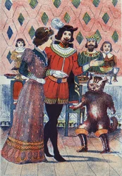 Förlovning av markisen av Carabas och kungens dotter. Illustration för "" Le chat Botte", berättelse av Charles Perrault (1628-1703), fransk författare. Anonym illustration. Bildmaterial Marcel Vagne, Jarville Nancy, odaterat (slutet av 1800-talet).