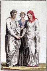 Förlovning eller löfte om äktenskap: dextrarum iunctio eller förening av raka händer. Gravyr av 1800-talet.