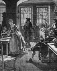 England, sent 1600-tal: män som röker på ett kafé. Gravyr av 1800-talet. I "Histoire de France" av Jules Michelet