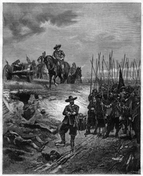 Engelska inbördeskrigen: Oliver Cromwell (1599-1658) i slaget vid Marston Moor, 2 juli 1644 - parlamentssidan besegrade rojalisterna under prins Rupert. Gravyr från 1800-talet - Oliver Cromwell i slaget vid Marston Moor den 2 juli 1644 under det första