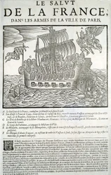 Graverat trä. Mazarinades politiska broschyr: "" Frankrikes frälsning, i armarna på staden Paris"" A - Frankrikes goda geni, som förtär hans majestät (Louis XIII) i sin kungliga flotta, B - Prince de Conty, C - Duc de Bouillon et de la Motte-Hauda