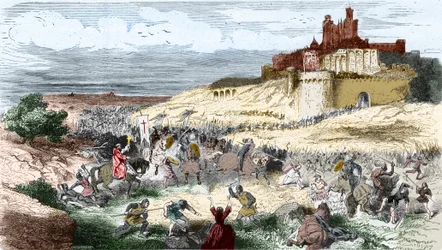 Gravyr: Korståg mot katarerna - albigenserna - Erövringen av Béziers den 21 juli 1209 av Simon de Montfort (Simon IV, greve av Montfort); de 7000 invånarna massakreras och staden plundras och bränns - Gravyr i ”Histoire de France en cent peintures”