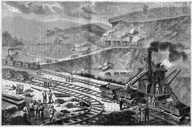 Gravyr från 1885 som visar arbetet med att borra näset i Panama. Vy över en av attackerna på Emperadors varv.