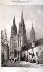 Gravyr av Bayeux-katedralen publicerad i "Den monumentala och arkeologiska medeltiden"". 1800-talet