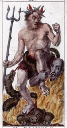 Gravyr på en karta över ett 1800-tals tarotspel.
