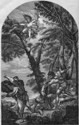 Gravyr som visar "The Martyrdom of St. Peter" av Tiziano (Titian) brinner den 15 augusti