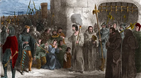 Enguerrand de Marigny (1260-1315) kammarherre och minister för kung Filip IV the Bel på väg till tortyr 1315. Gravyr i "" Histoire De France En Cent-målningar av Paul Lehugeur "" 1891 - Enguerrand de Marigny (1260-1315) kammarherre och minister i F