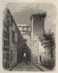 Ingången till den arabiska Medrese (gymnasiet) i Jerusalem där templets Mesha-stele begravdes - gravyr i "The Illustrious World"" i januari 1873