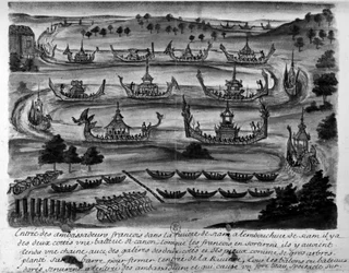 De franska ambassadörernas inträde i Siamfloden - i "" Voyages of the Kingdom of Siam, historisk 1688".