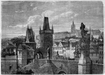 Entree på Karlsbron i Prag - Gravyr i "" Le Journal Illustre""