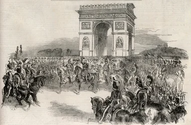 Napoleon III:s intåg i Paris genom Triumfbågen den 2 december 1852, gravyr - Den franske kejsaren Napoleon III (1808-1873) går in i Paris den 2/12/1852 -