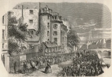 Polisprefekturens intåg vid rue de Jerusalem i hörnet av Quai des Orfevres i Paris på 1800-talet före 1871 - Gravyr i "Tableau-de-Paris" av Edmond Texier 1852.