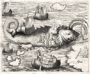 Avsnitt av Legenden om Saint Brandan (Brendan): en fantastisk resa för den irländska abbeden från 600-talet på jakt efter ett jordiskt paradis. Tryck från 1621.