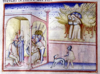 Avsnitt av Josafats liv av Juda (868 f.Kr. - 847 f.Kr.). 1300-talsmanuskript. Milano, Bibl, Braidense.