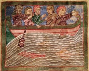 Avsnitt av livet för Saint Radegonde (Radegundis) av Poitiers (519-587), hustru till Clotaire I, frankernas kung: Radegonde representerad på en båt som räddar Florio (?) vatten. Miniatyr från ett 1000-talsmanuskript. Poitiers kommunala bibliotek.