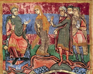 Avsnitt av livet för Saint Radegonde (Radegundis) av Poitiers (519-587), hustru till Clotaire I, frankernas kung: Radegonde leds av kung Clotaire I. Miniatyr från ett 1000-talsmanuskript. Poitiers kommunala bibliotek.
