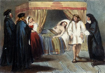 Avsnitt av manlighetstestet av Vincent I Gonzague (1562 - 1612), hertig av Mantua, för hans äktenskap med dottern till François de Medici, Eléonore 1584. Han misstänktes för att inte ha några arvingar. Litografi från 1800-talet.