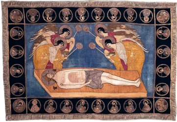 Epitafium av storprins Dmitri Gourevitch Chemika (död 1453). Fyra änglar lutar sig respektfullt runt Kristi kropp. Anonyma broderier, ull, siden och guld- och silvertråd